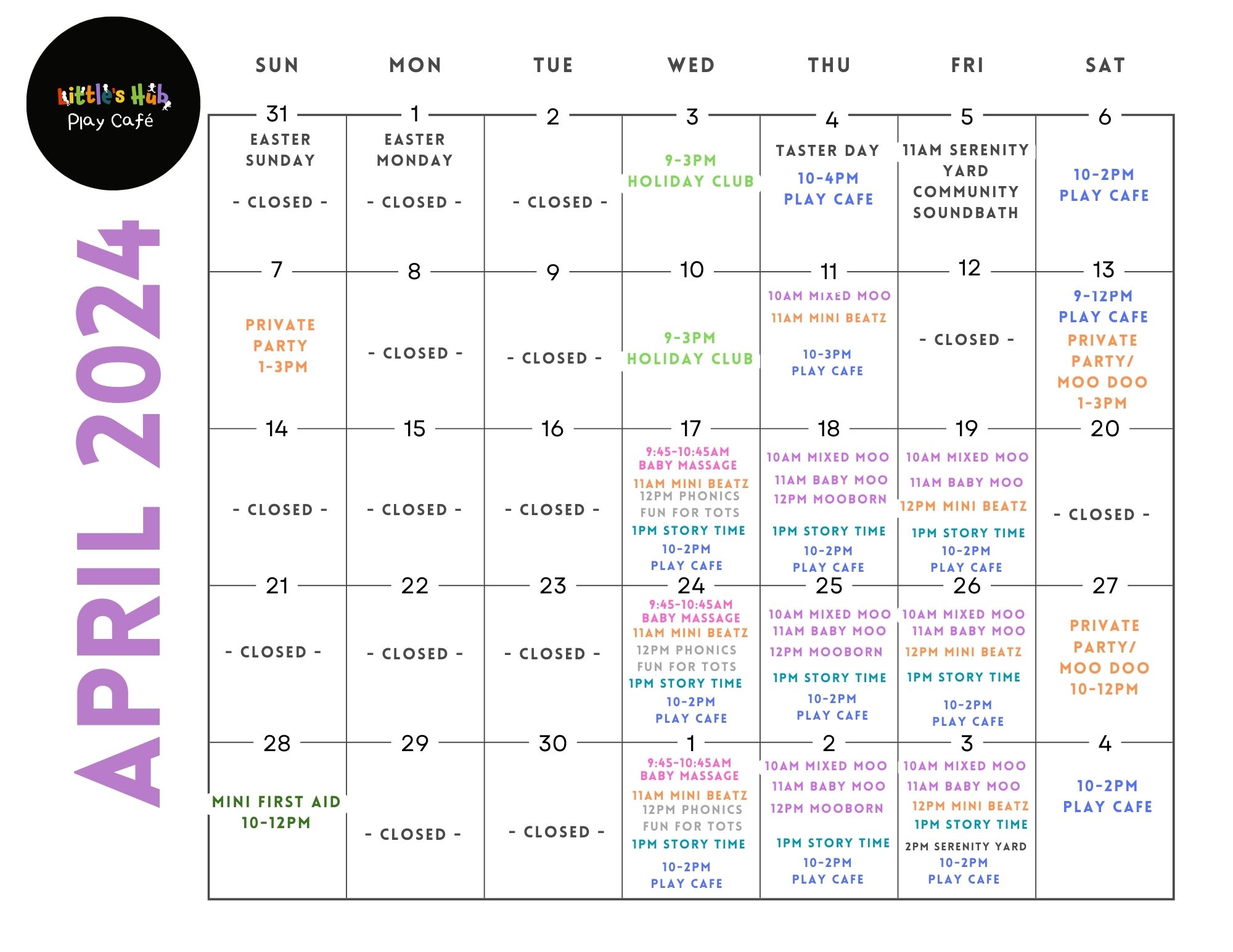 Little's Hub Play Cafe April 2024 timetable