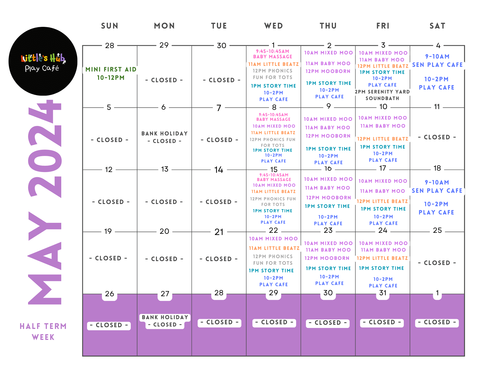 Little's Hub Play Cafe April 2024 timetable